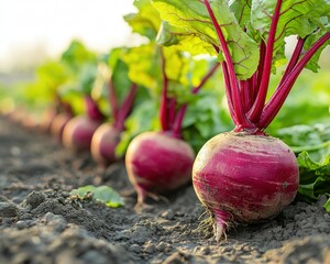 Fresh purple turnips growing in a farm row with green leafy tops on sunny day