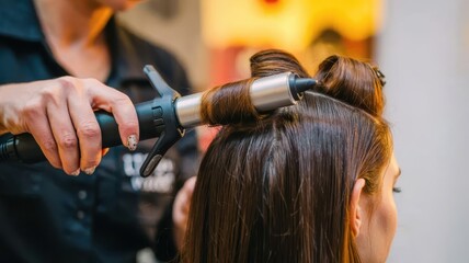 Fototapeta premium A hairstylist uses a curling iron to create curls on a client’s hair, showcasing skilled hair styling in a salon setting.
