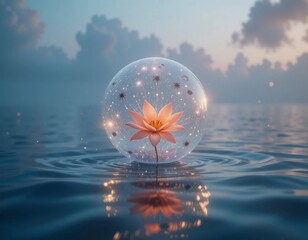 Single flower encapsulated inside a glowing floating bubble,