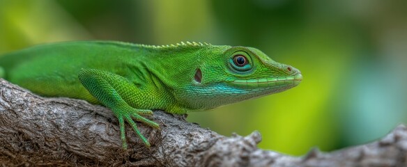 Fototapeta premium The vibrant green lizard perched gracefully on a branch in nature