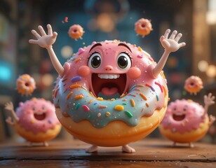 Cartoon donut with rainbow glaze and arms raised in excitement