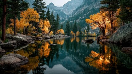 Fototapeta premium Autumn landscape with golden foliage reflecting in a serene mountain lake during early morning light