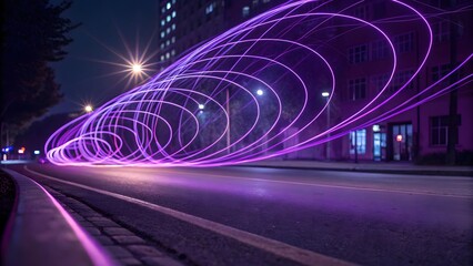 Abstract Purple Light Trails Swirling Over City Street at Night