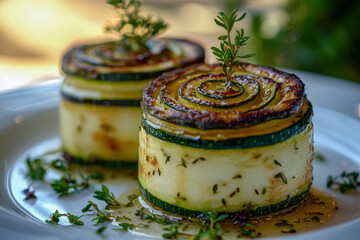 Elegant zucchini and yellow squash terrine topped with herbs and caramelized onion curls