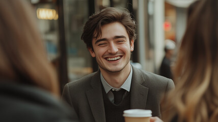 A stylish young professional business man laughing with coworkers in an outdoor cafe, urban background, natural interaction