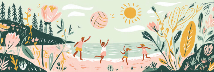 Obraz premium Friends play an energetic game of beach volleyball on soft sand alongside the ocean, surrounded by vibrant flowers under a clear blue sky on a beautiful day, banner
