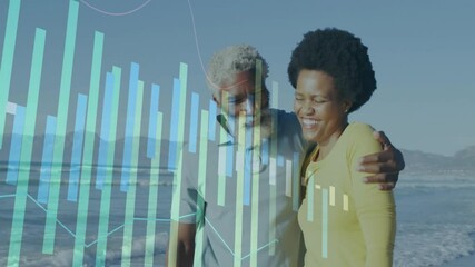 couple walking onto shoreline, initiating animated business chart overlay highlighting growth trend - Powered by Adobe