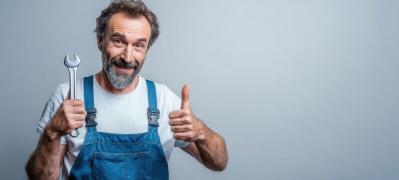 The smiling mechanic holding a wrench and giving a thumbs-up gesture.