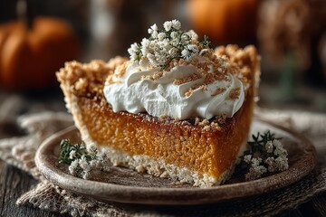 Delicious Autumn Pumpkin Pie Slice with Whipped Cream and Crumble Topping