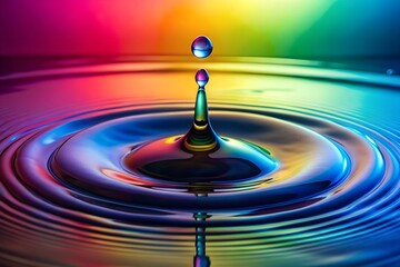 A water drop creates colorful ripples in a vibrant rainbow background