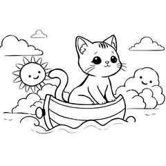 cute cartoon cat sailing in boat with smiling sun and clouds