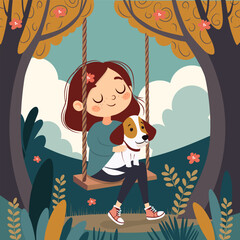 Girl and dog riding on swings in the forest. vector illustration