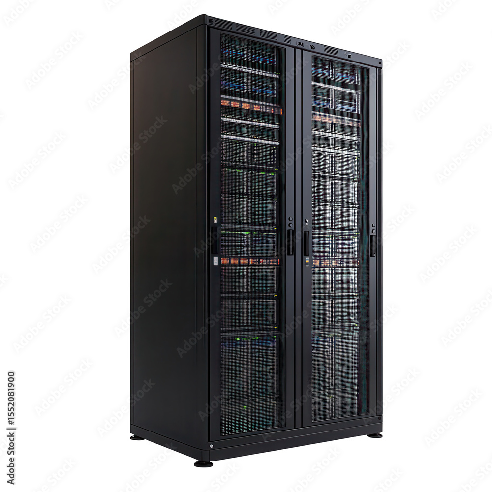 Poster server rack, server rack containing multiple servers and networking devices, isolated on transparent background