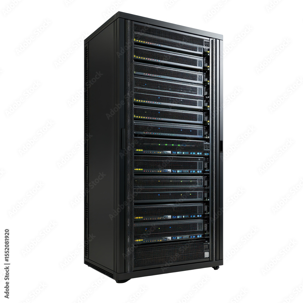 Poster server rack, server rack containing multiple servers and networking devices, isolated on transparent background