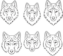 Six Wolf Head Line Art Designs: Perfect for Coloring Pages, Tattoos & More