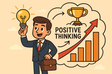 Positive thinking strategy for business success. Cartoon businessman with a lightbulb idea, growth chart, and trophy. Metaphor for mindset, motivation, achievement, and career growth.