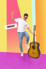 Vertical pop poster banner collage of happy girl guy dance weekend party celebration note guitar...
