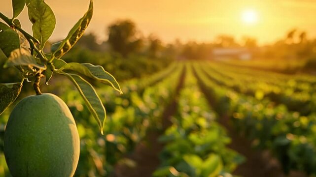 langra mango on branch in bihar fields at sunset video