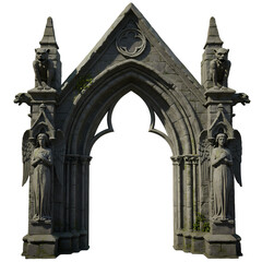 Gothic Archway 3D Render of Medieval Stone Gateway with Angels and Gargoyles on transparent background