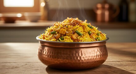A copper bowl of vegetable biryani with fried onions on a kitchen table