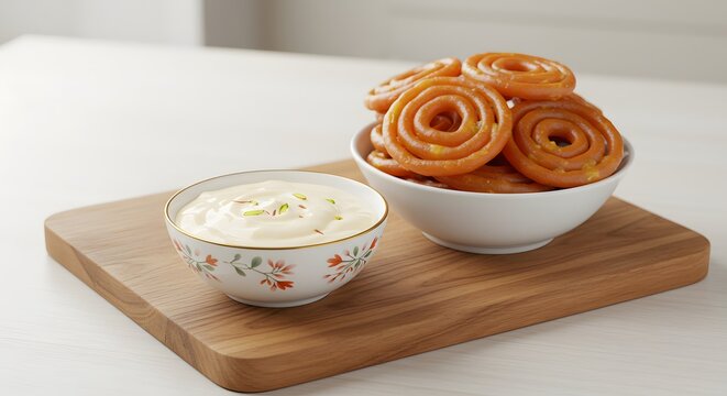 A wooden board with jalebi and rabdi in small bowls on a kitchen table