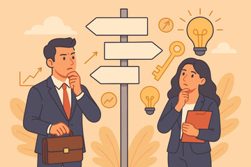 Businesspeople decision making crossroads, choosing direction, evaluating opportunities, strategic planning, career path selection, innovation ideas, growth, success concept, vector illustration