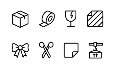 Fototapeta premium Shipping icons: box, tape, fragile glass, stripe, bow, scissors, paper, crane