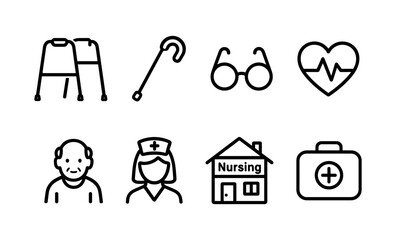 Elderly care icons: walker, cane, glasses, heart, elderly man, nurse, nursing home, medical kit