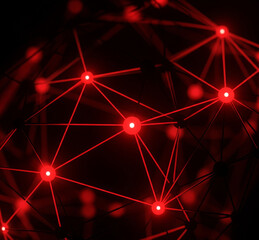 Representaci&oacute;n abstracta de una red digital interconectada con nodos brillantes en rojo, simbolizando conexiones tecnol&oacute;gicas, inteligencia artificial, blockchain o sistemas neuronales.
