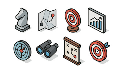 Strategy and planning icons: knight, map, target, graph, binoculars, tactical board