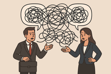 Business communication problems concept. Cartoon businesspeople with tangled lines, messy speech bubbles, misunderstanding, conflict, miscommunication, confusion, workplace issue vector illustration