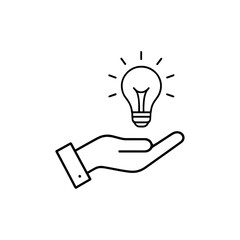 ひらめきを象徴する手と電球のラインアイコン｜Line Icon of Hand Holding a Light Bulb for Idea