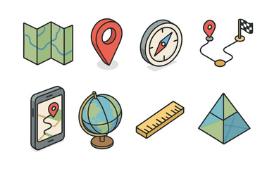 Map navigation icons: compass, globe, ruler, and more for travel and geography