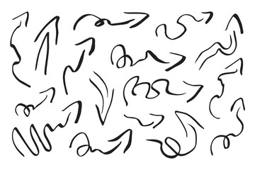 A set of hand-drawn arrows, pointers in black marker. Curved, straight, twisted, and calligraphic arrows of various shapes for designing infographics, educational materials, stickers. Vector symbols.