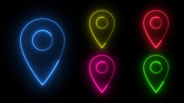 Neon map location pointer pin icon animation set, glowing gps pin symbols bundle in vibrant colors for maps, navigation, tracking