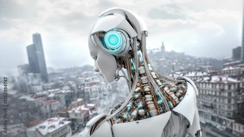 Aufkleber Conceptual image of a female robot exploring the world. Set against a cityscape. Suitable for illustrating the development of artificial intelligence.