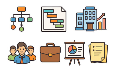 Business workflow icons featuring charts and office elements