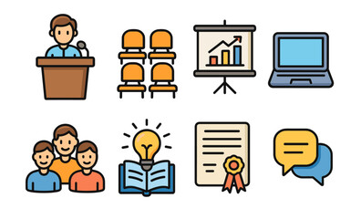 Business presentation icons: speaker, audience, growth chart, laptop, teamwork, ideas, certificate, communication