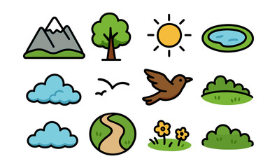 Fototapeta premium Nature icons set featuring landscapes, sun, tree, bird, clouds, and flowers in a minimalist style
