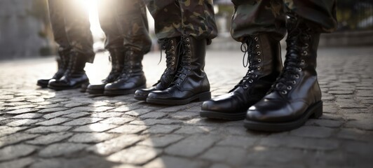 The polished military boots in a disciplined formation on cobblestone.