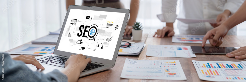 Poster SEO search engine optimization for brisk e-commerce and online retail business showing on computer screen