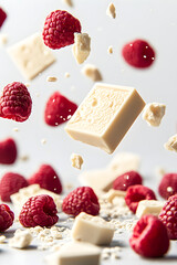 Floating White Chocolate and Raspberries with Crumbs on White Background