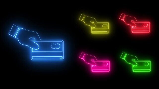 Neon hand and credit card payment icon animation set, glowing financial transaction bundle with hand and card symbols in vibrant colors for fintech, banking