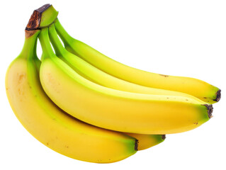 Bunch of ripe yellow bananas with green stems against a blurred bunch of bananas fruit