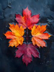 Symmetrical Arrangement of Red and Orange Maple Leaves on Wet Dark Surface