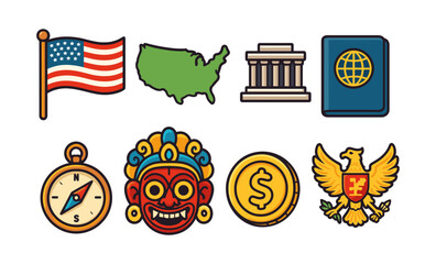 Usa symbols: flag, map, passport, compass, coin, and cultural icons illustration