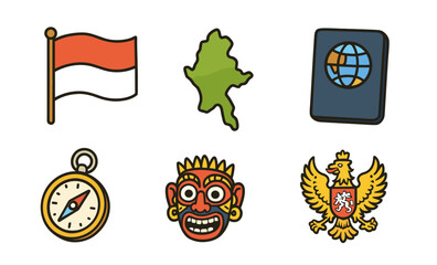 Obraz premium Indonesian symbols: flag, map, passport, compass, cultural mask, national eagle emblem