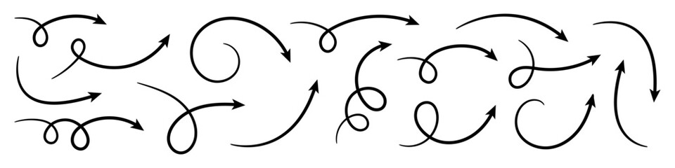Collection of Doodle Arrows. Curved and Twisted Hand Drawn Arrows.