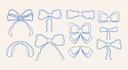 Set of bows and ribbons in wavy style. Bowknot. Elegant elements for invitations, Valentine's day. Coquette. Hand drawn, doodles. Outline, line art. Whimsical collection. Minimalism. Retro and vintage