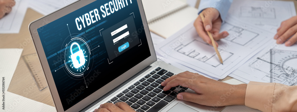 Poster cyber security system on computer screen protect private information brisk from hacker and cyber att